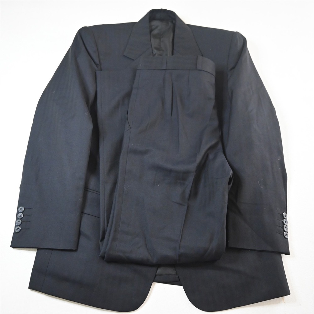Bespoke 38R 34x32 Black‎ Herringbone Wool Mens Jacket Pants Suit